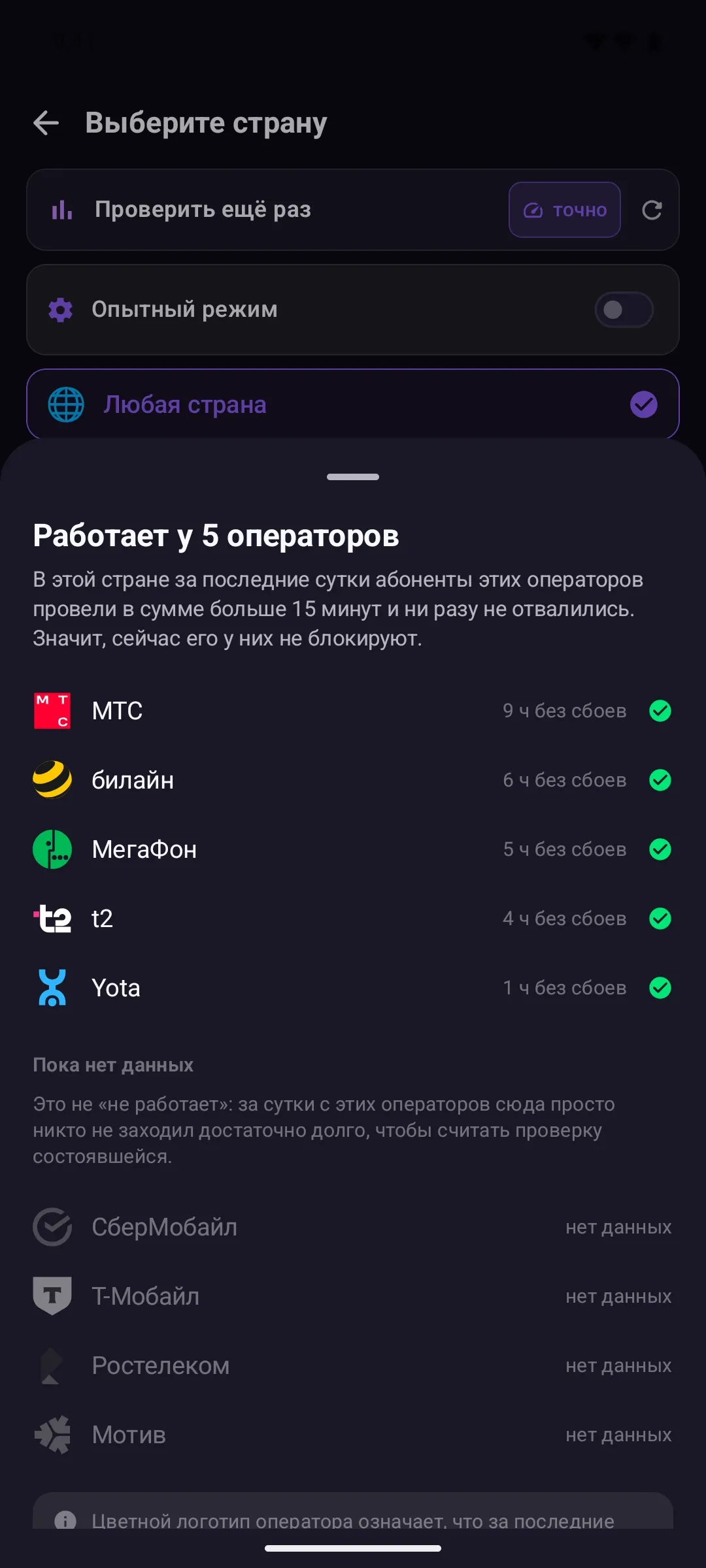 Sheet showing which mobile carriers a server works on