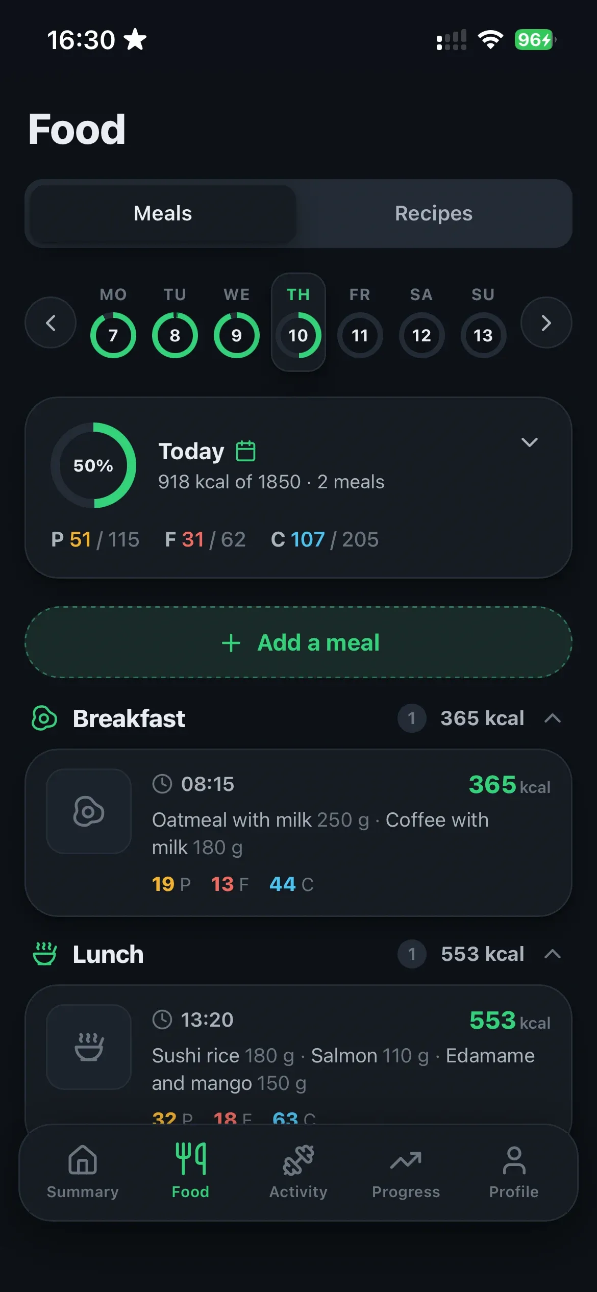 Food diary in the dark theme