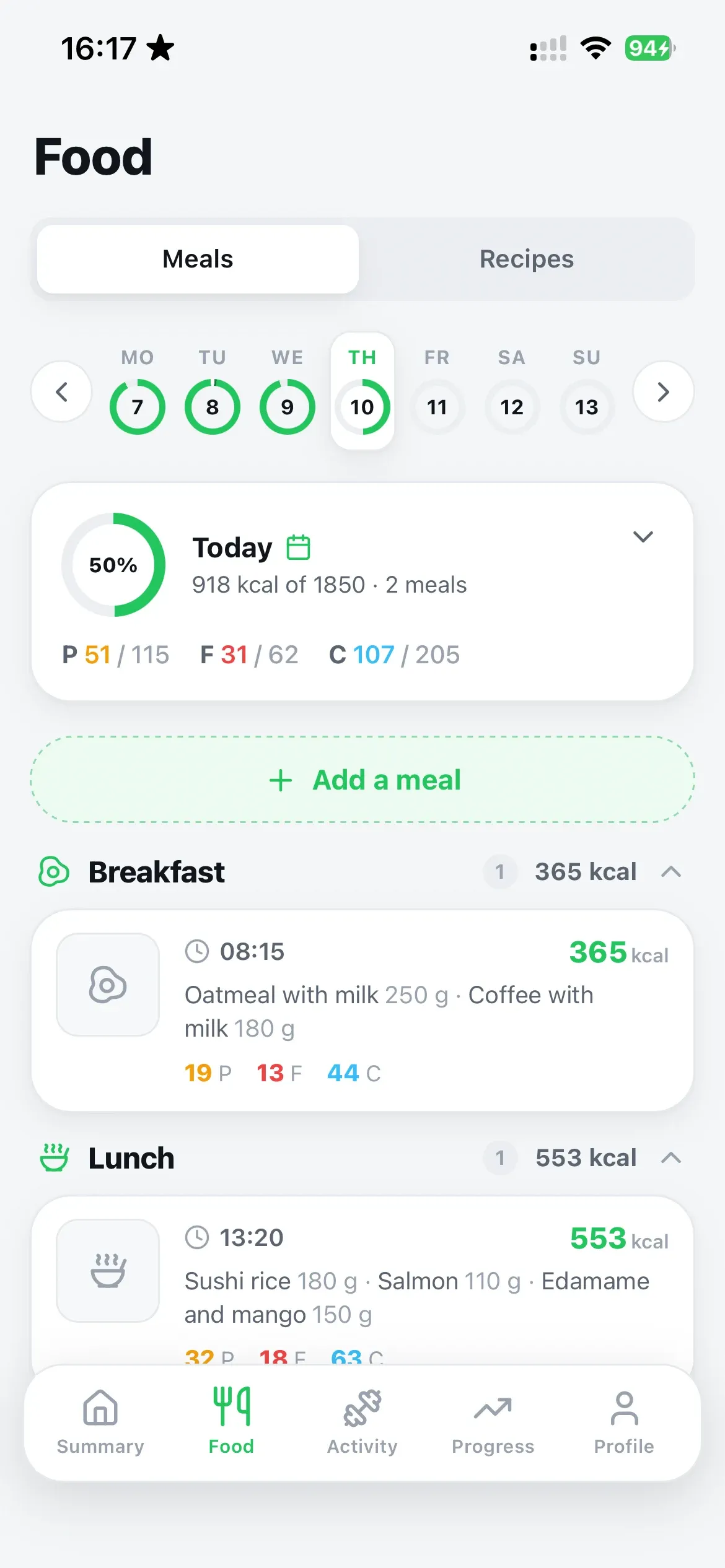 Food diary by day with macros per meal