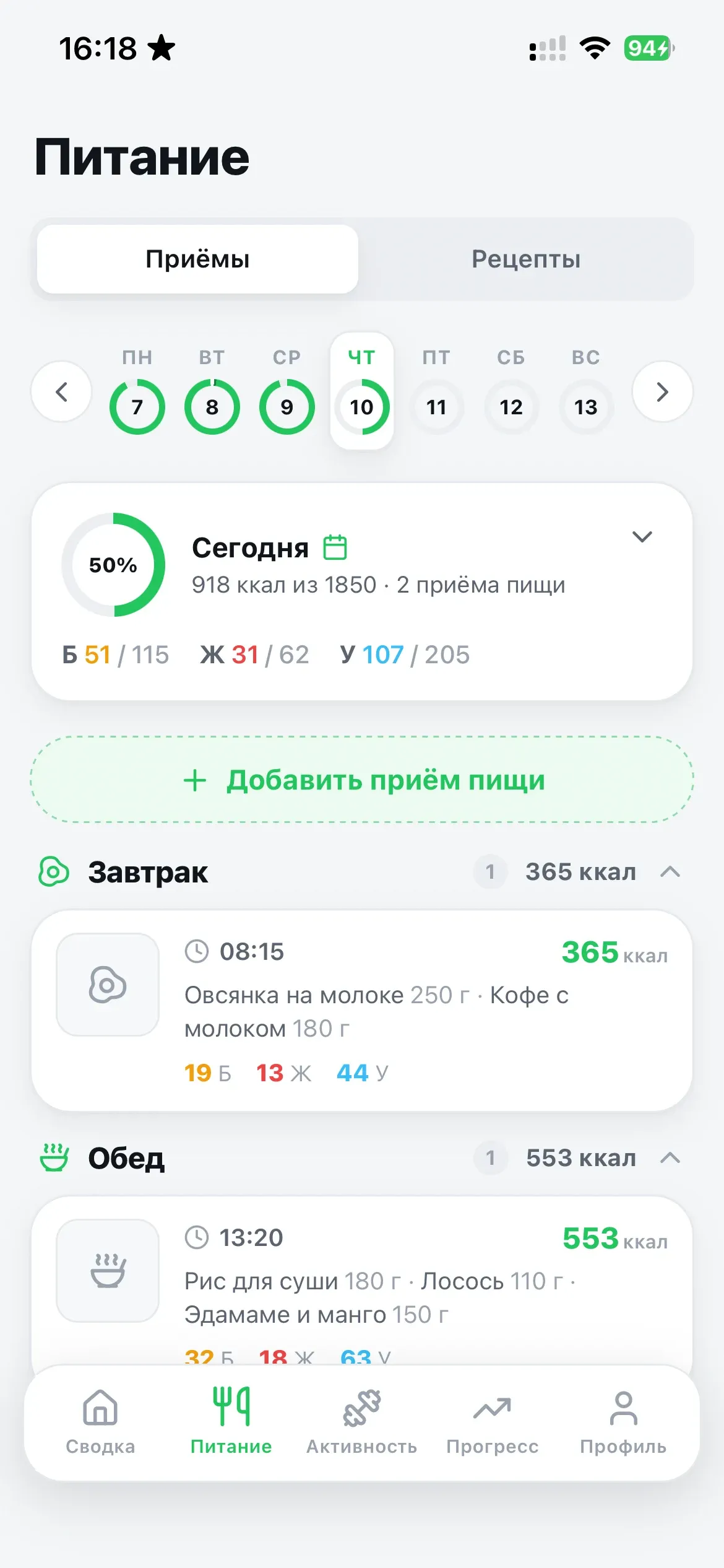 Дневник питания по дням с БЖУ каждого приёма