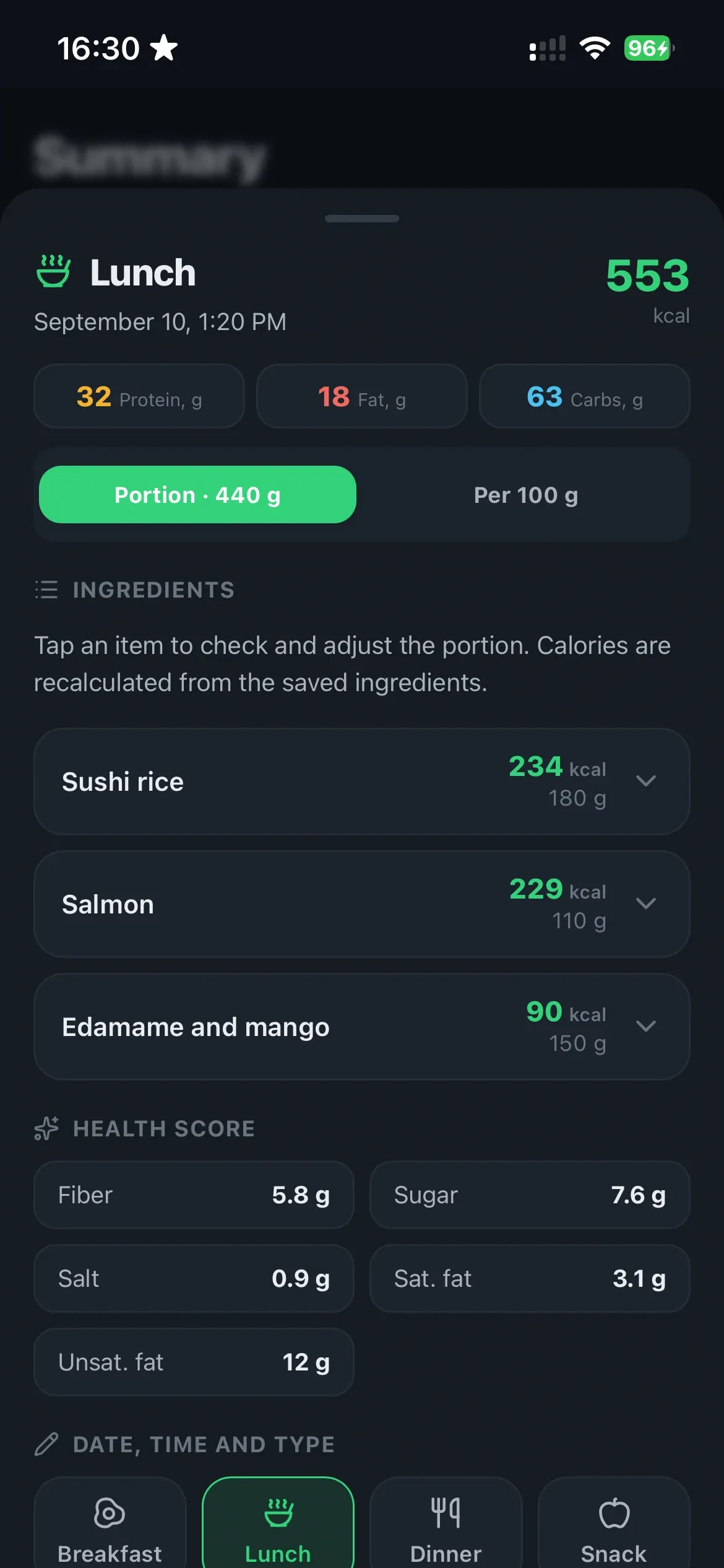 Meal card in the dark theme