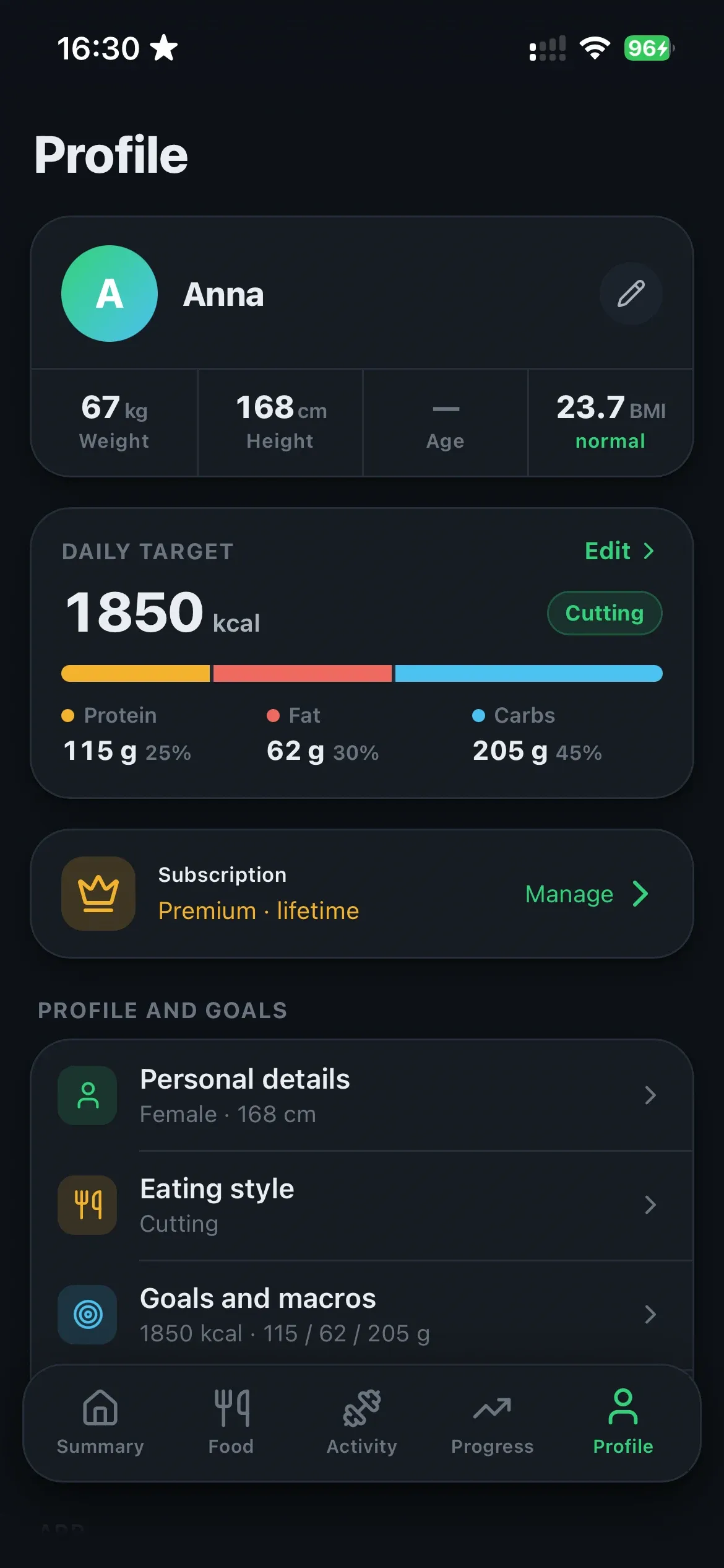 Profile in the dark theme
