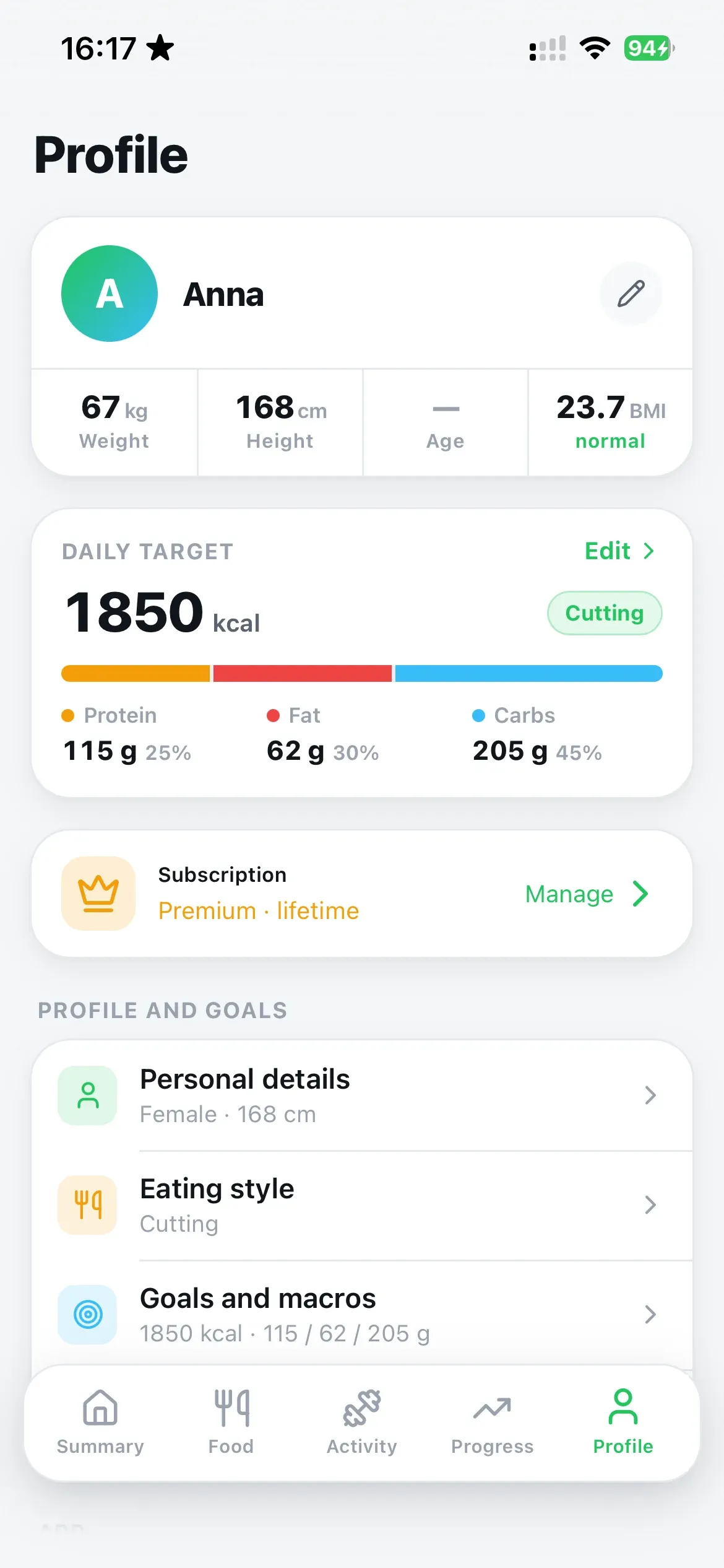 Profile with the daily calorie norm and goals