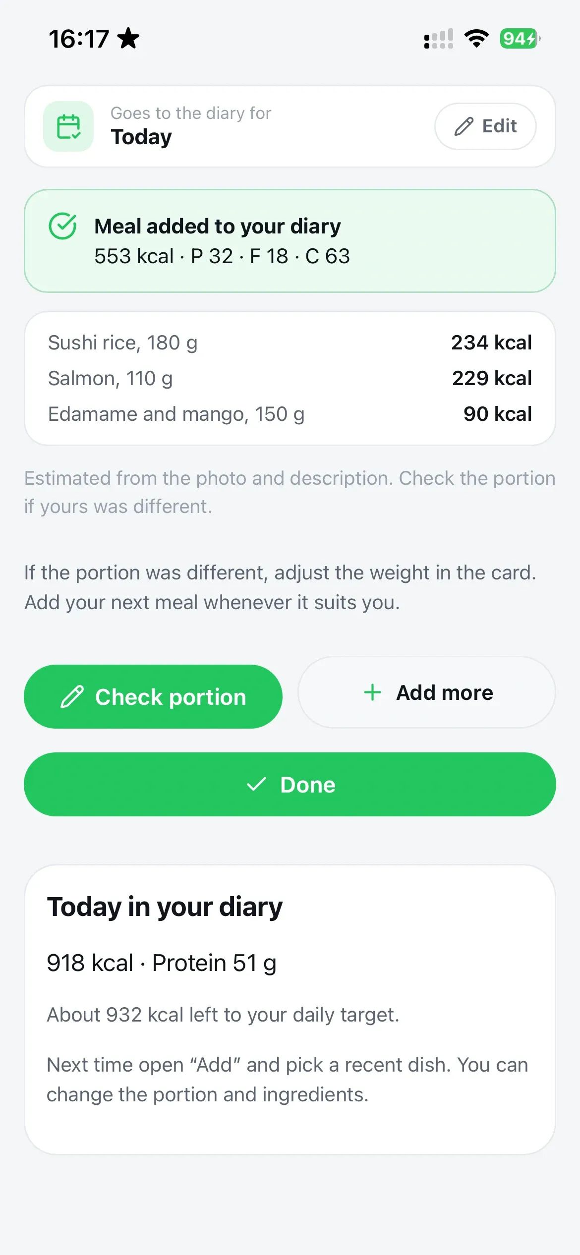 Meal added: per-product weights and calories