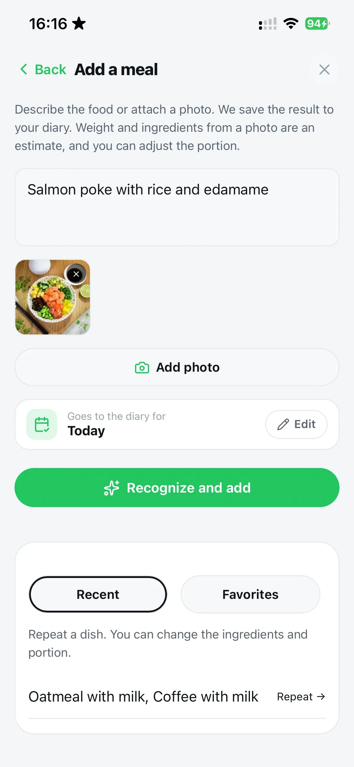 Adding a meal with a photo and a short description