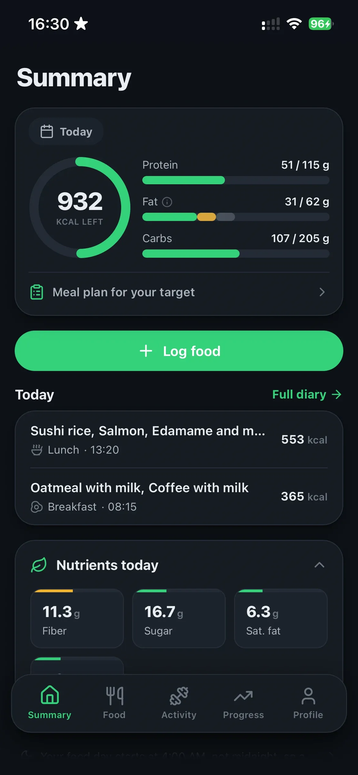 Daily summary in the dark theme