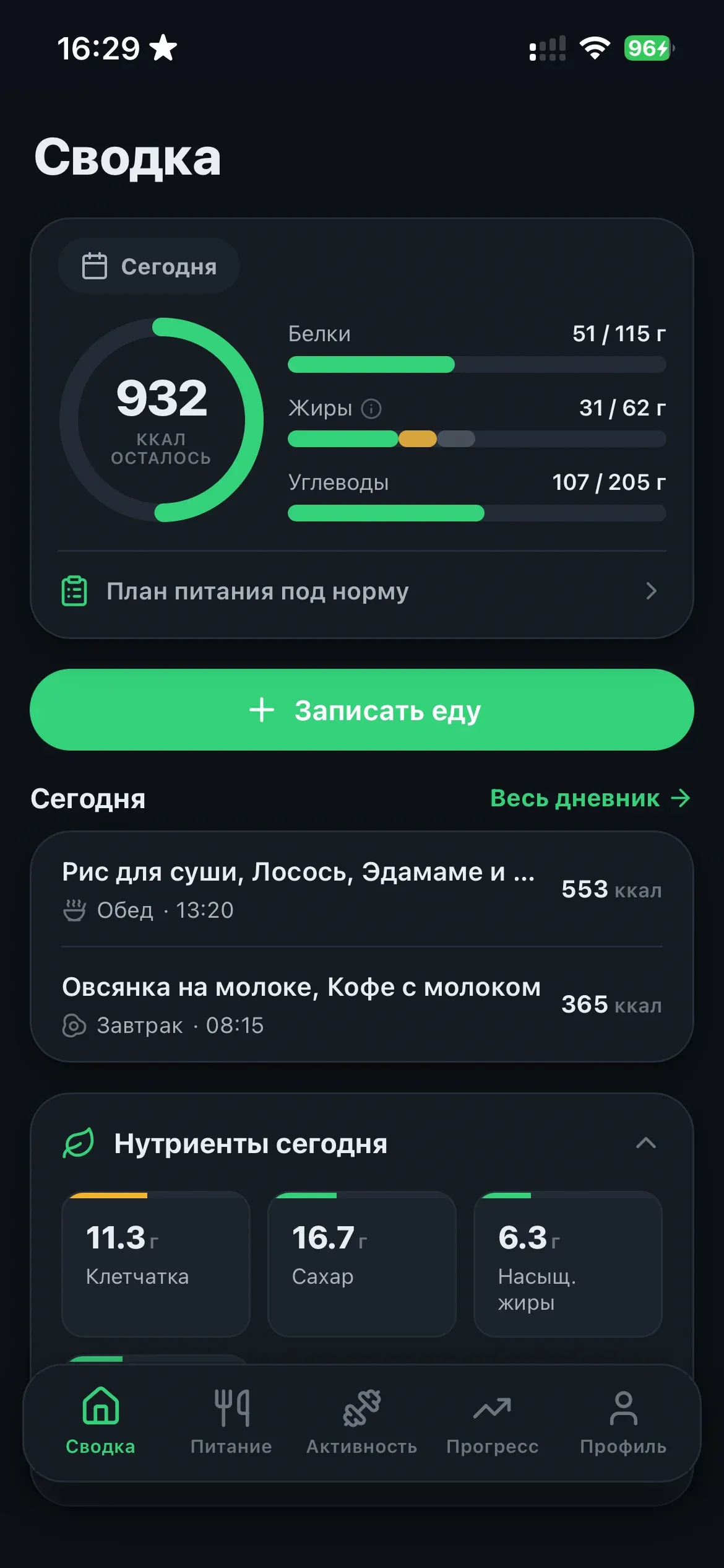 Сводка дня в тёмной теме