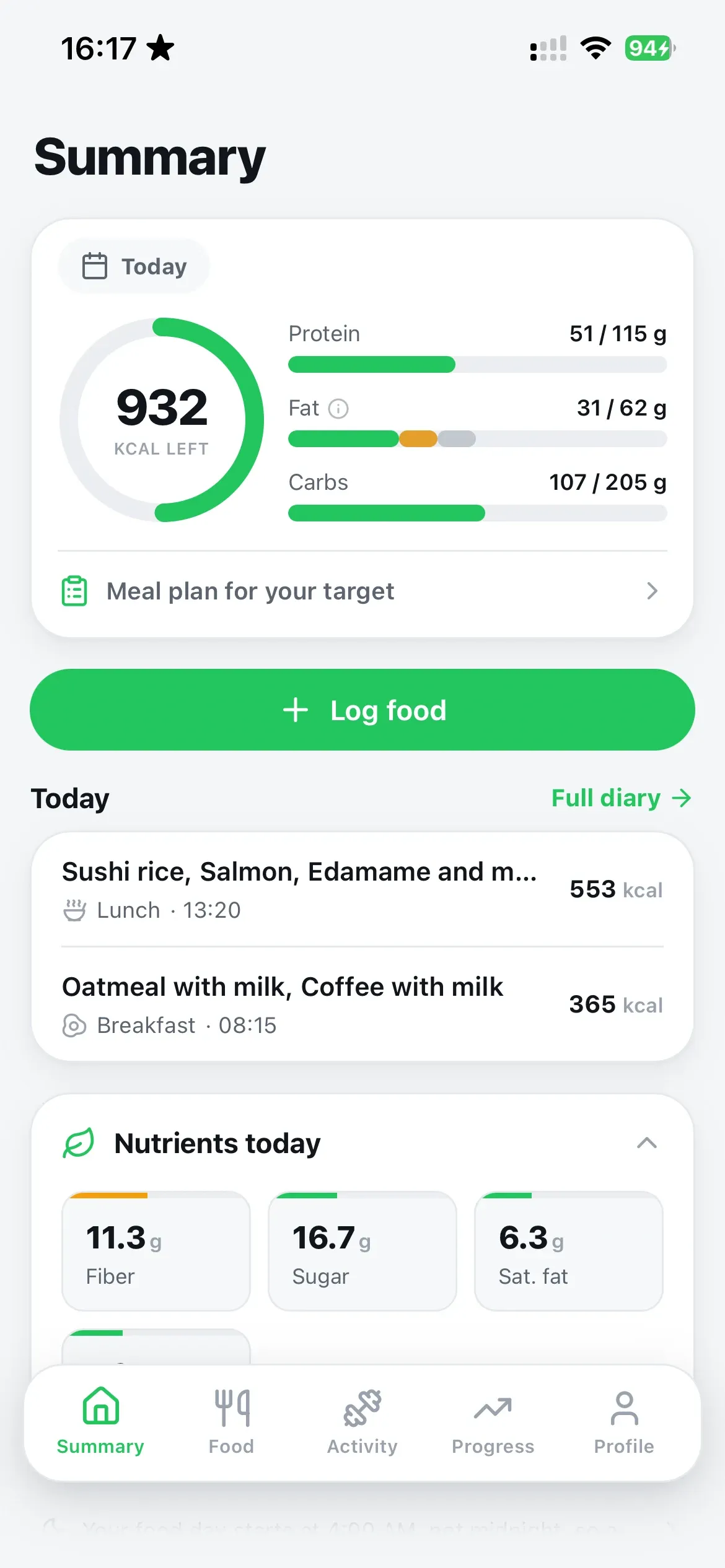 perek.us daily summary: calories left, protein, fat and carbs